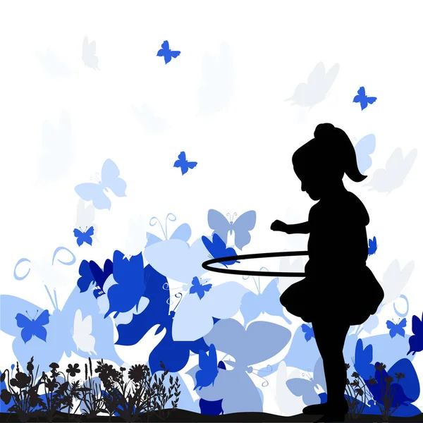 Kelebeklerle renkli arka planda oynayan çocukların silueti