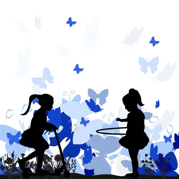 Kelebeklerle renkli arka planda oynayan çocukların vektör silueti