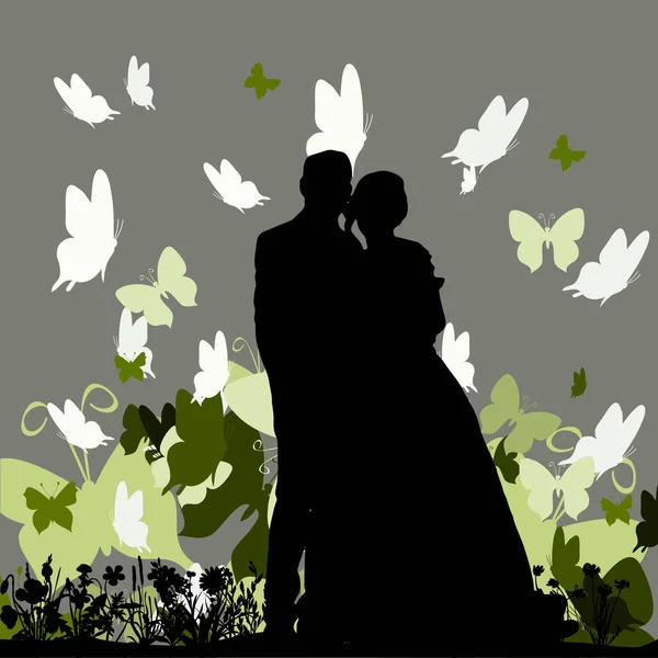 Silueta Nevěsty Ženicha Barevném Pozadí Motýly Láska Svatební Pozvánka — Stockový vektor