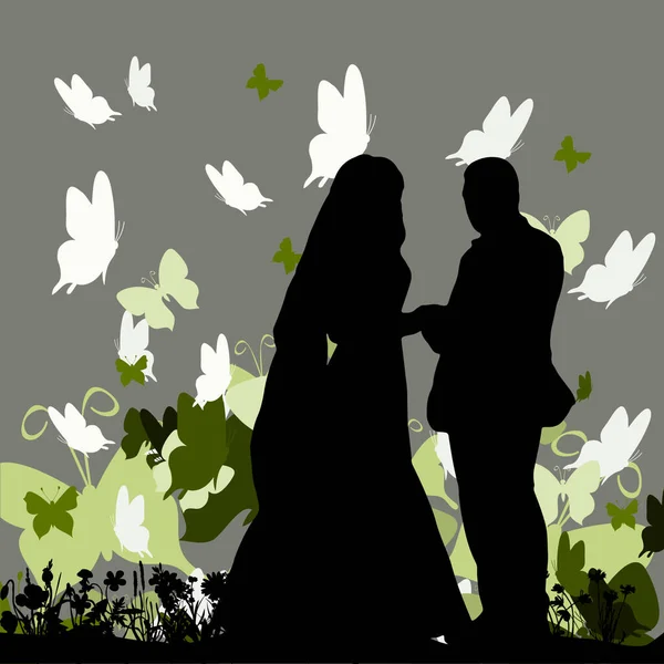 新娘和新郎的轮廓在一个五彩斑斓的背景与蝴蝶 婚宴邀请 — 图库矢量图片