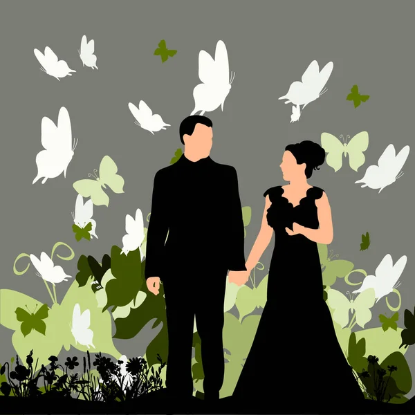 Вектор Силуэт Жениха Невесты Красочном Фоне Бабочками Любовь — стоковый вектор