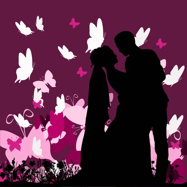 Vector Silhouette Bride Groom Colorful Background Butterflies — Stock Vector