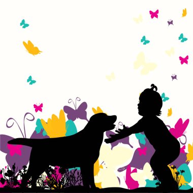 Çocukluğunda bir köpek yavrusuyla oynayan bir çocuğun vektör silueti