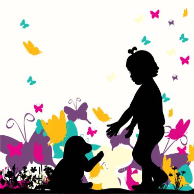 Bir köpek yavrusuyla oynayan bir çocuğun silüeti.