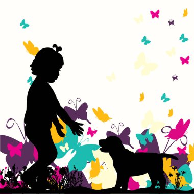 Yavru bir köpekle oynayan bir çocuğun vektör silueti