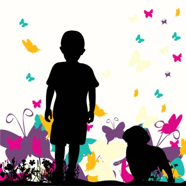 Çocukluğunda bir köpek yavrusuyla oynayan bir çocuğun vektör silueti