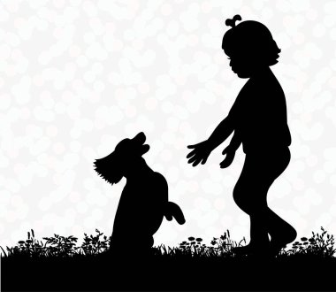 Köpekle oynayan bir çocuğun vektör silueti