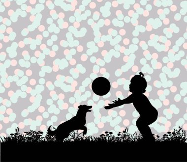 Topta köpekle oynayan bir çocuğun vektör silueti.
