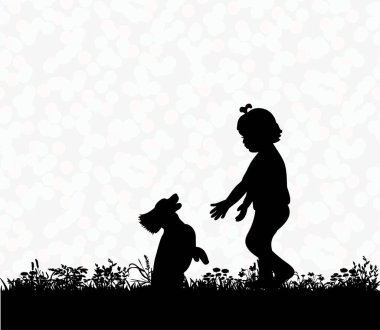 Köpekle oynayan bir çocuğun silüeti, dostluğu.