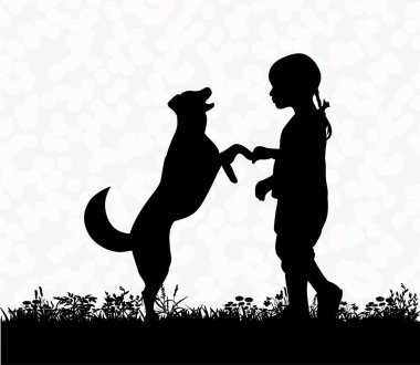 Köpekle oynayan bir çocuğun silueti, arkadaşlık.