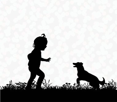 Etrafta bir köpekle oynayan bir çocuğun vektörü, silueti.