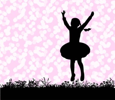 Çimlerin üzerinde zıplayan bir çocuğun vektörü, silueti.