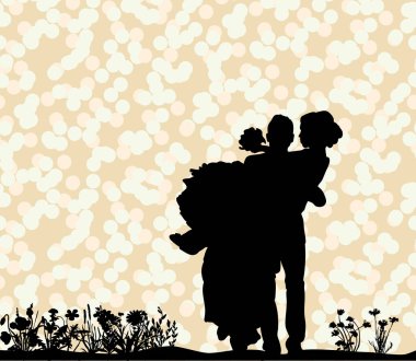 Gelin ve damadın vektör silueti, düğün kartı.