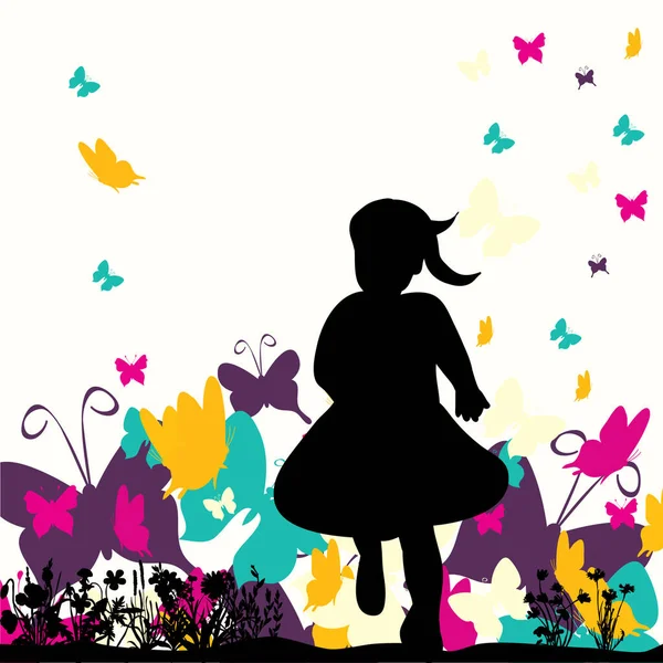 Arka planda kelebeklerle koşan küçük bir kızın vektör silueti.