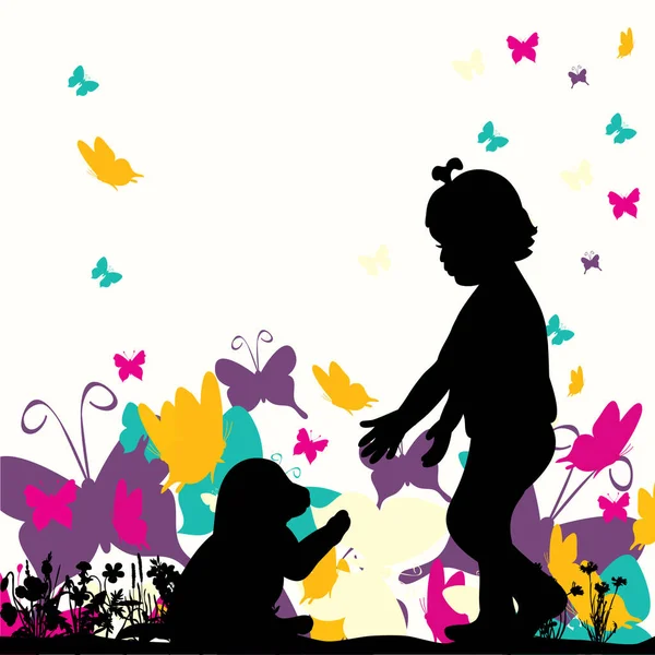 Bir köpek yavrusuyla oynayan bir çocuğun silüeti.