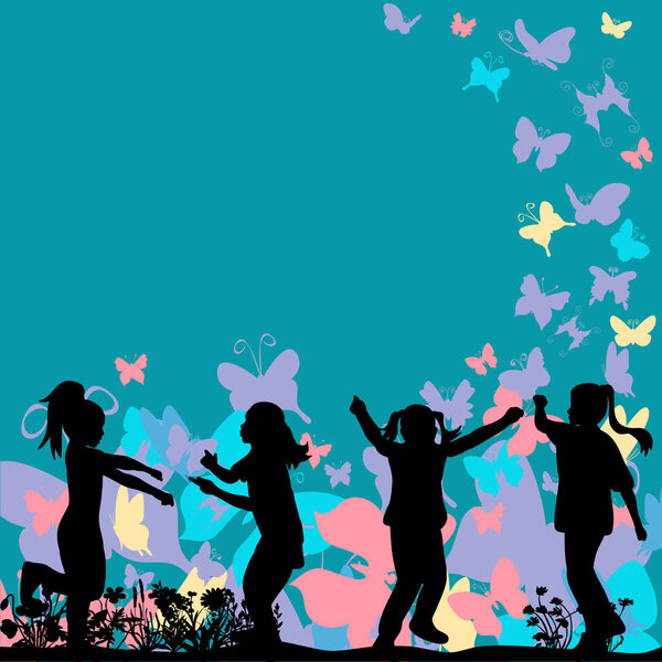 Vector silhouette of children dancing in the background with butterflies