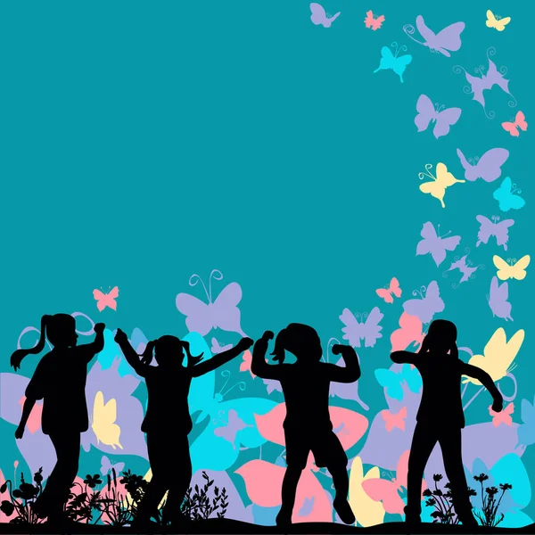 Silhouette Von Kindern Die Hintergrund Mit Schmetterlingen Tanzen — Stockvektor