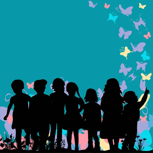 Silhouette Vectorielle Une Foule Enfants Sur Fond Papillons — Image vectorielle