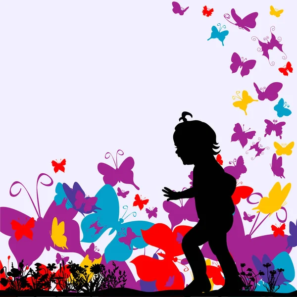 stock vector silhouette of a little girl running on a background with butterflies