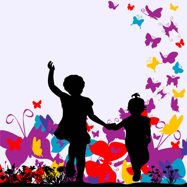 silhouette of children playing in the background with butterflies