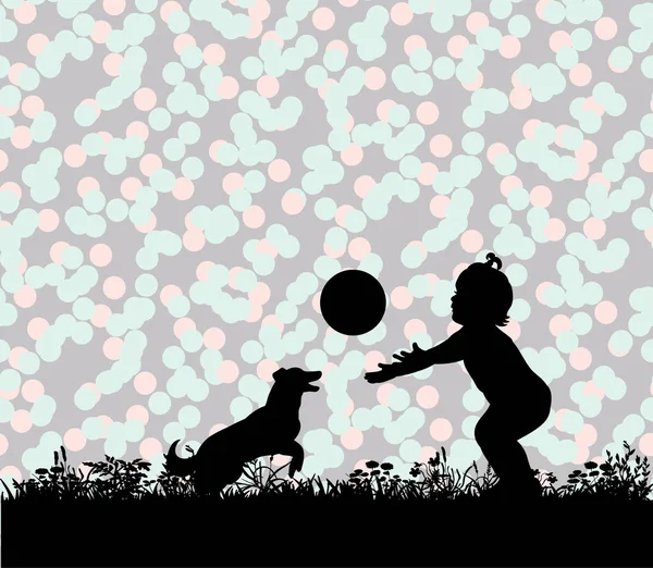 Topta köpekle oynayan bir çocuğun vektör silueti.