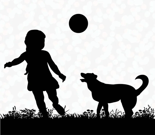 Silueta Niño Jugando Con Perro Una Pelota — Vector de stock