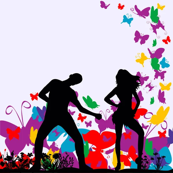 Vector Silhouette Guy Girl Dancing Background Butterflies — Stock Vector
