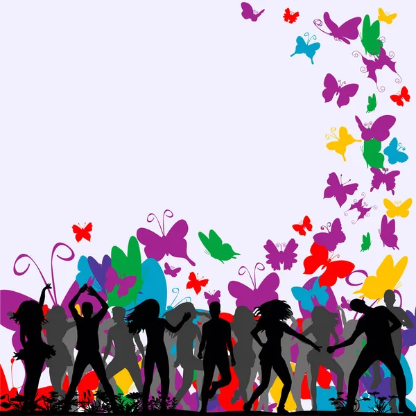 Vector Silhouette People Dancing Background Butterflies — Stock Vector