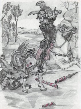 büyük çizim / Odessa, Ukrayna, Nisan 2015 resimli kötü ejderha karşı mücadele knight çizim