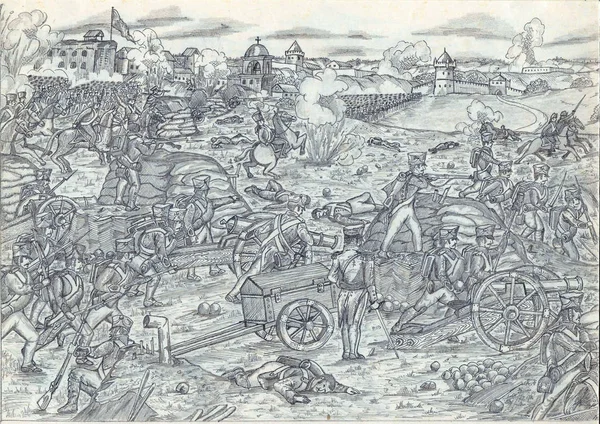 Малювання Бою Війни Атаки Піхоти Кінноти Наполеонівської Війни Проілюстровано Одесі — стокове фото