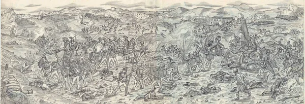 Disegno Panorama Della Battaglia Guerra Attacco Fanteria Cavalleria Guerre Napoleoniche — Foto Stock