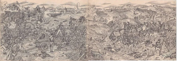 Desenho Lápis Panorama Campo Batalha Guerra Ataque Infantaria Cavalaria Guerras — Fotografia de Stock