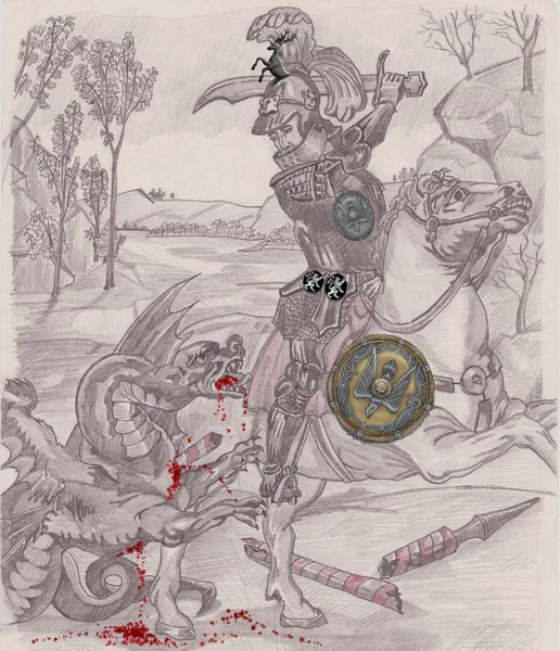 邪悪なドラゴンとの戦い オデッサ ウクライナ 2015 月を示す騎士の鉛筆画 — ストック写真