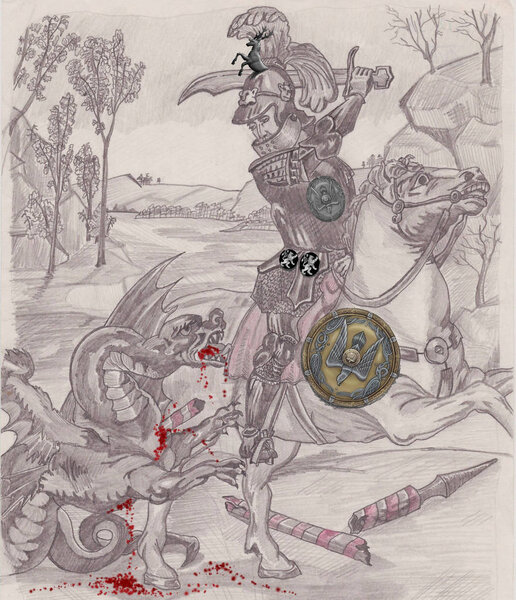pencil drawing of the knight fighting against the evil dragon / illustrated in Odessa, Ukraine, april 2015