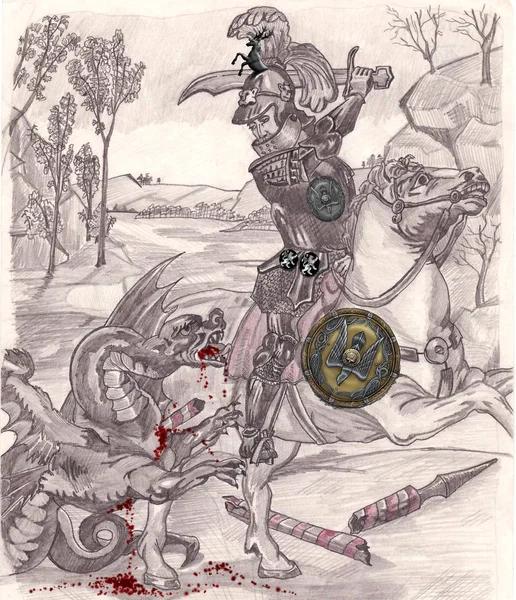 Contrast Drawing Knight Fighting Evil Dragon Illustrated Odessa Ukraine April — Stock Fotó