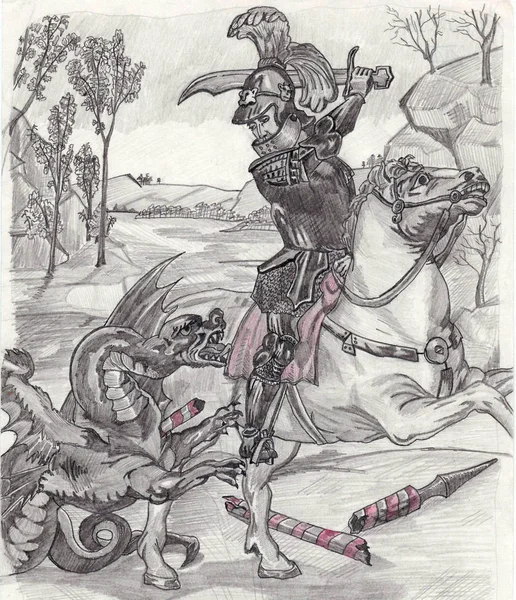 コントラストの騎士と邪悪なドラゴン 高貴なライダーと馬の戦い オデッサ ウクライナ 2015 月を示す図面 — ストック写真
