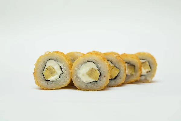 Tasty Fresh Sushi Rolls Lying White Background — Stock Photo, Image