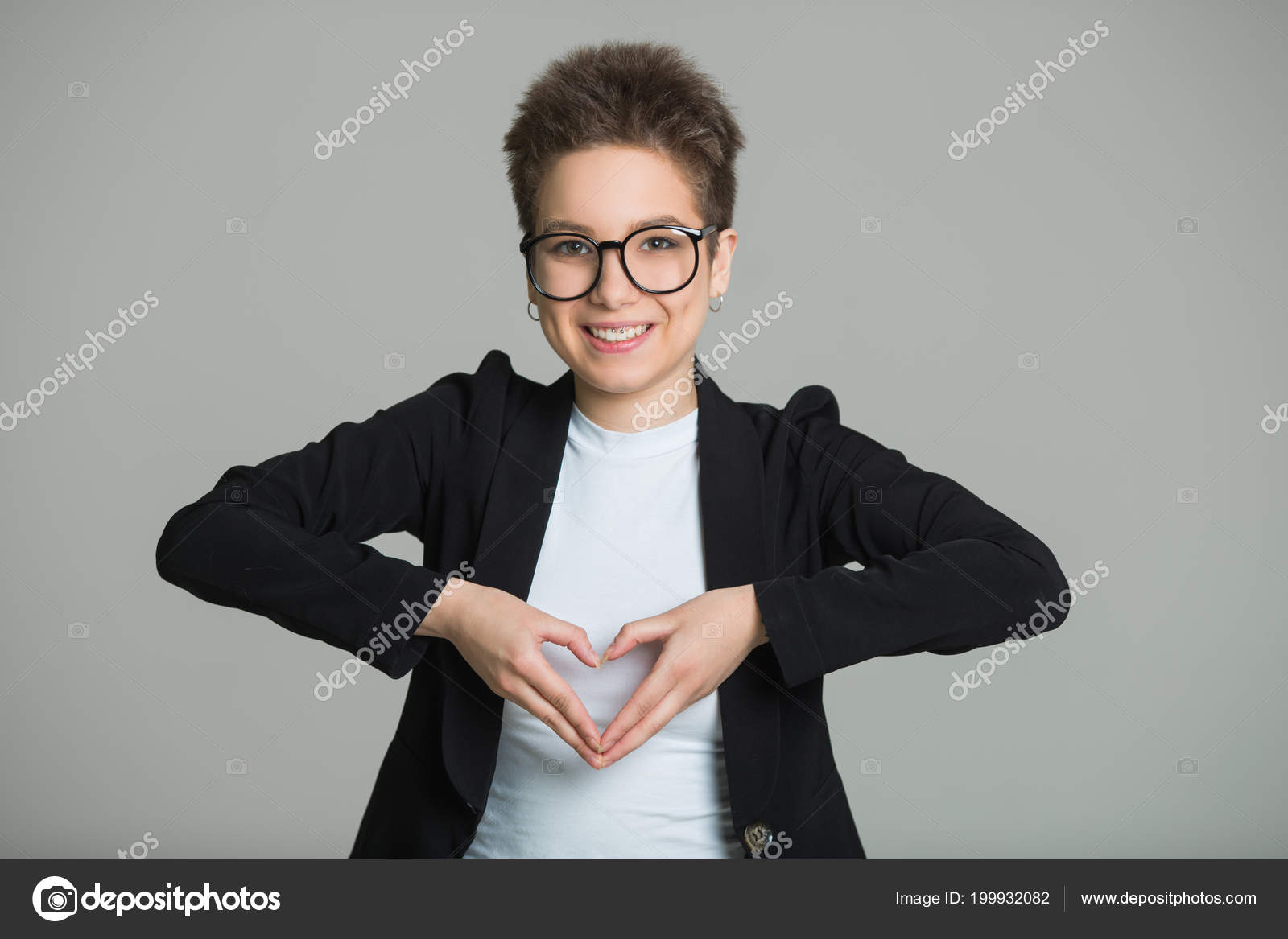 Young Beautiful Girl Short Hair Her Head Glasses Short Haircut