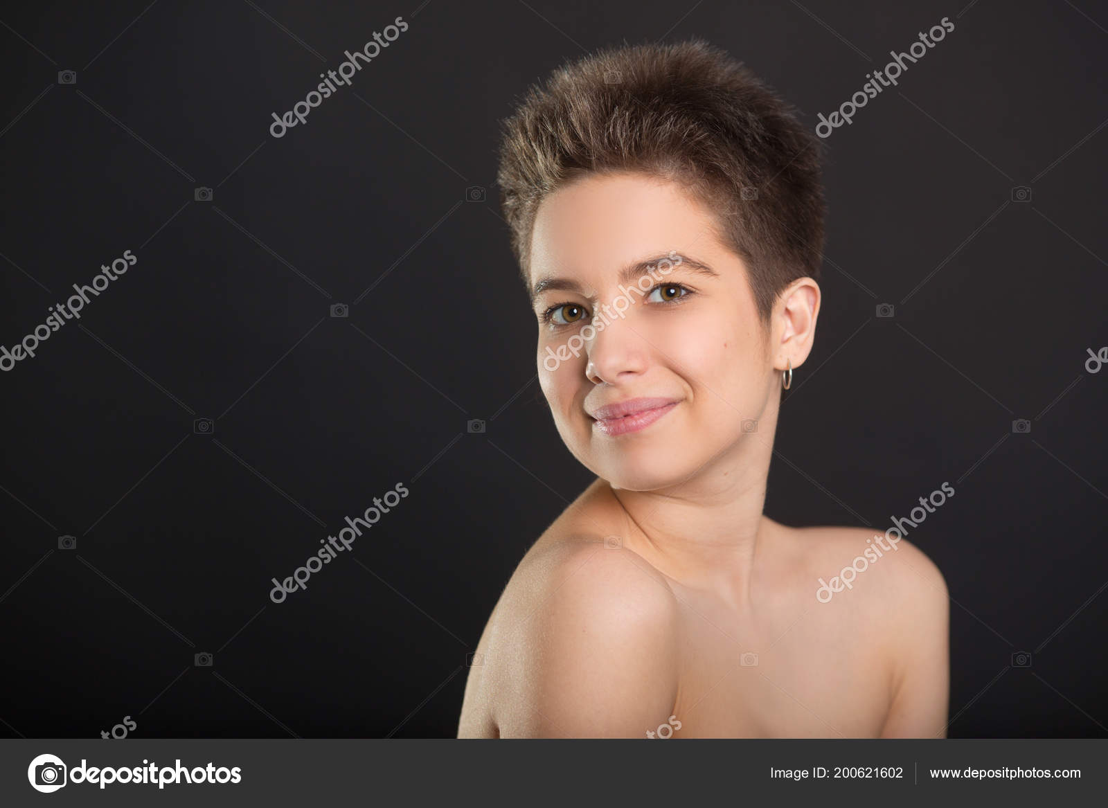 Beautiful Young Girl Short Hair Bare Shoulders Black Background