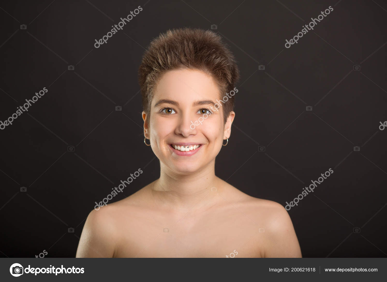 Beautiful Young Girl Short Hair Bare Shoulders Black Background