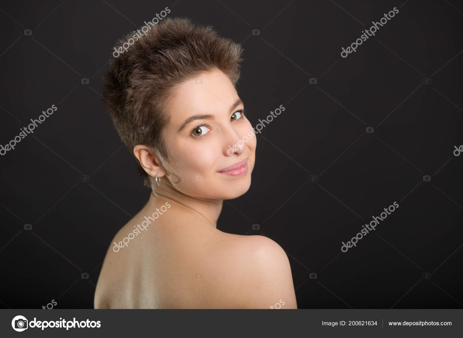 Beautiful Young Girl Short Hair Bare Shoulders Black Background