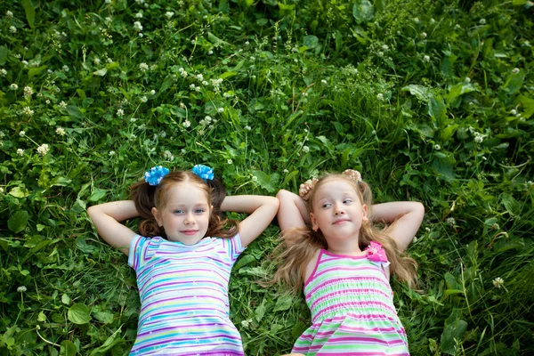 Duas Meninas Bonitas Estão Grama Verde Parque Verão — Fotografia de Stock