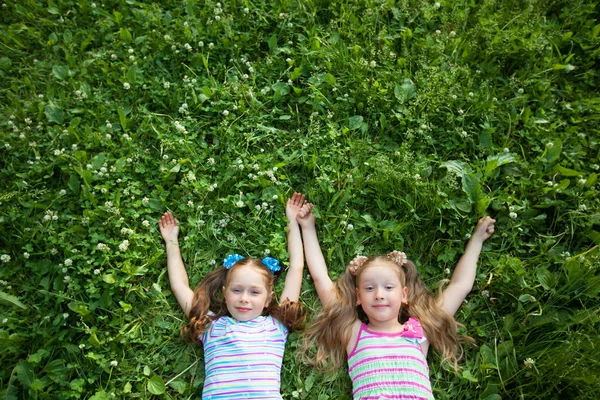 Duas Meninas Bonitas Estão Grama Verde Parque Verão — Fotografia de Stock