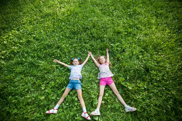 Duas Meninas Bonitas Estão Grama Verde Parque Verão — Fotografia de Stock