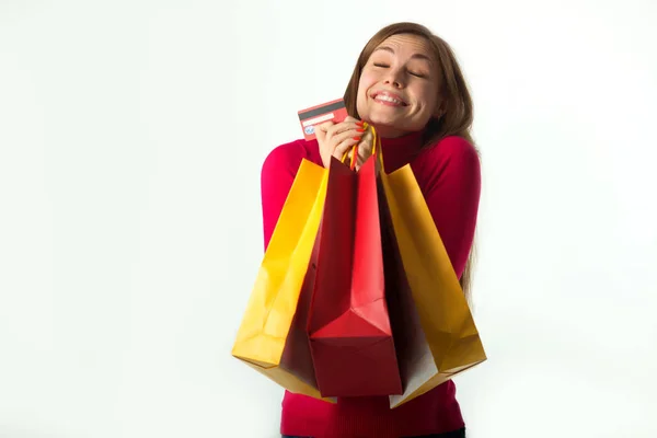 Bella Ragazza Che Tiene Acquisto Borse Morbide Uno Sfondo Bianco — Foto Stock