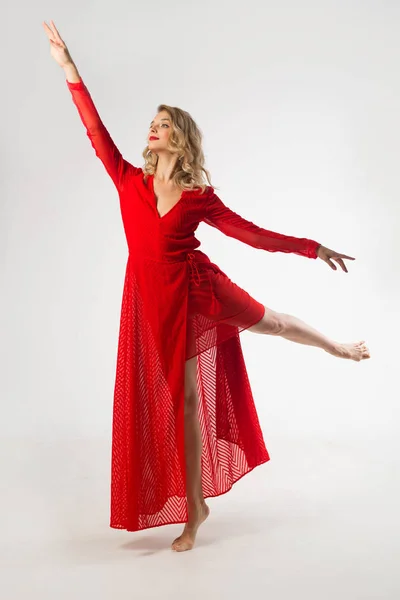 Beautiful Young Girl Red Dress Ballet Pose White Background — Stock Photo, Image