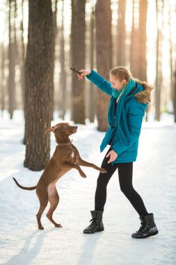 güzel genç kız köpeğini parkta oynarken