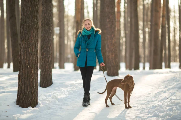 Mooi Jong Meisje Lopen Het Park Met Een Hond — Stockfoto