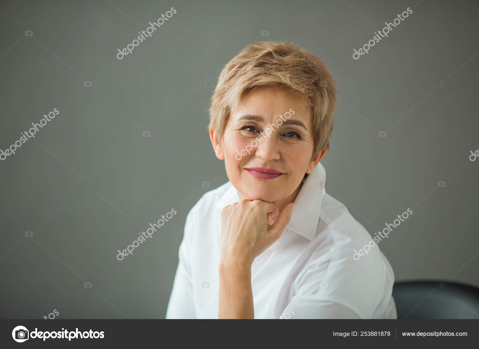 Portrait Stylish Old Woman Short Haircut White Shirt Gray