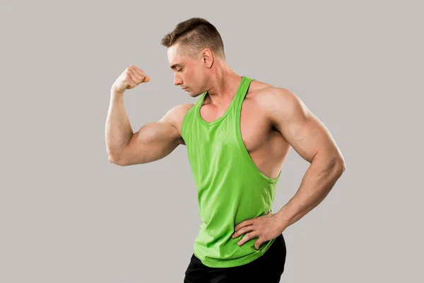 Handsome Athletic Man Muscles Green Vest — Stock Photo, Image